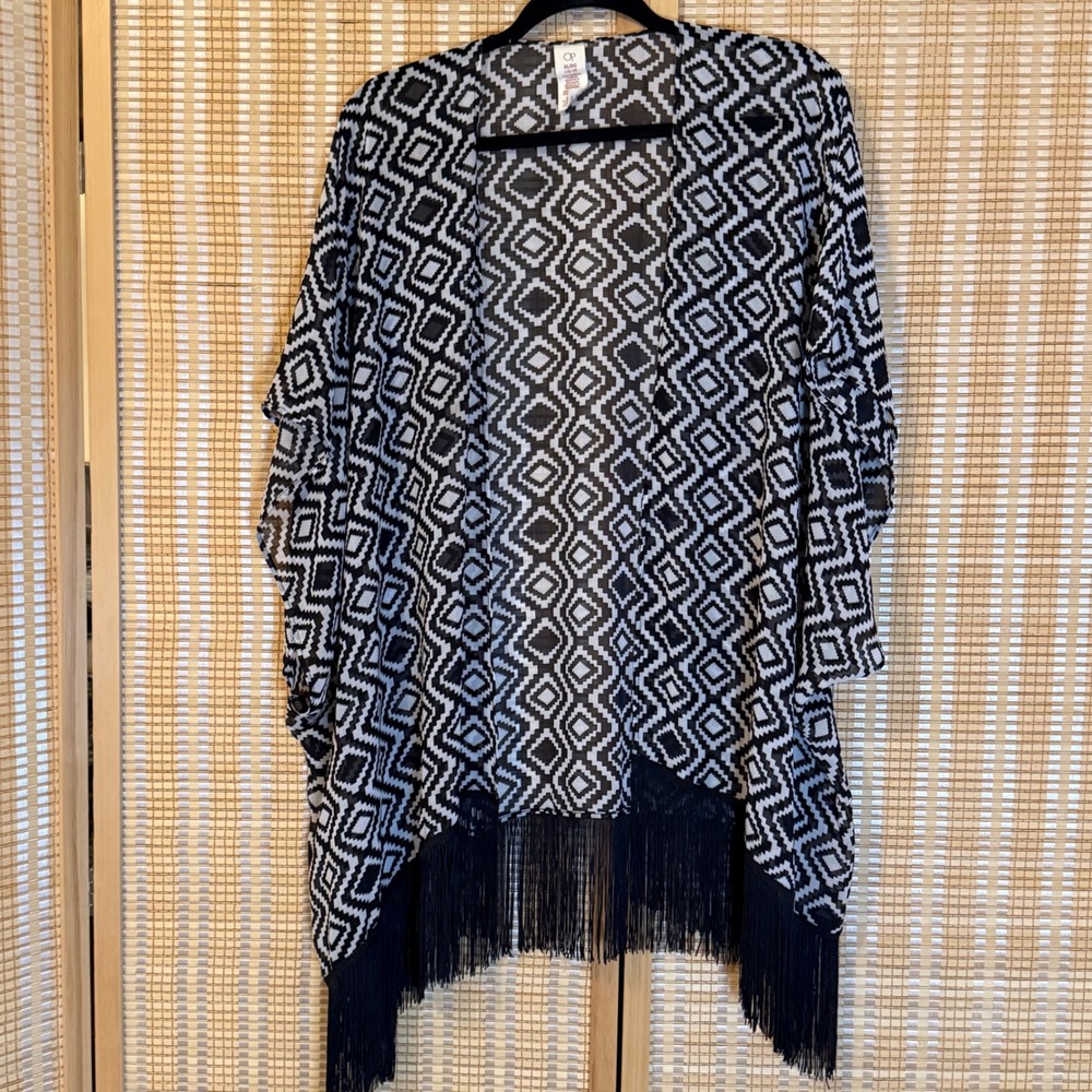 Ocean Pacific OP Womens XL Geometric Diamond Print Fringe Kimono Cover Up Black